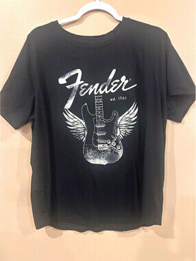 Fender Logo Graphic Guitar Wings Black Crew Neck Short Sleeve T-Shirt Big 1X